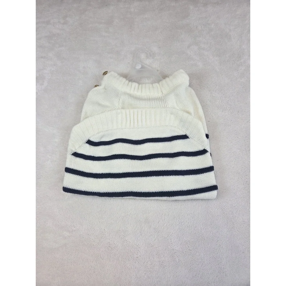 Draper James XL Dog Sweater White With Navy Stripes Gold Buttons NWT